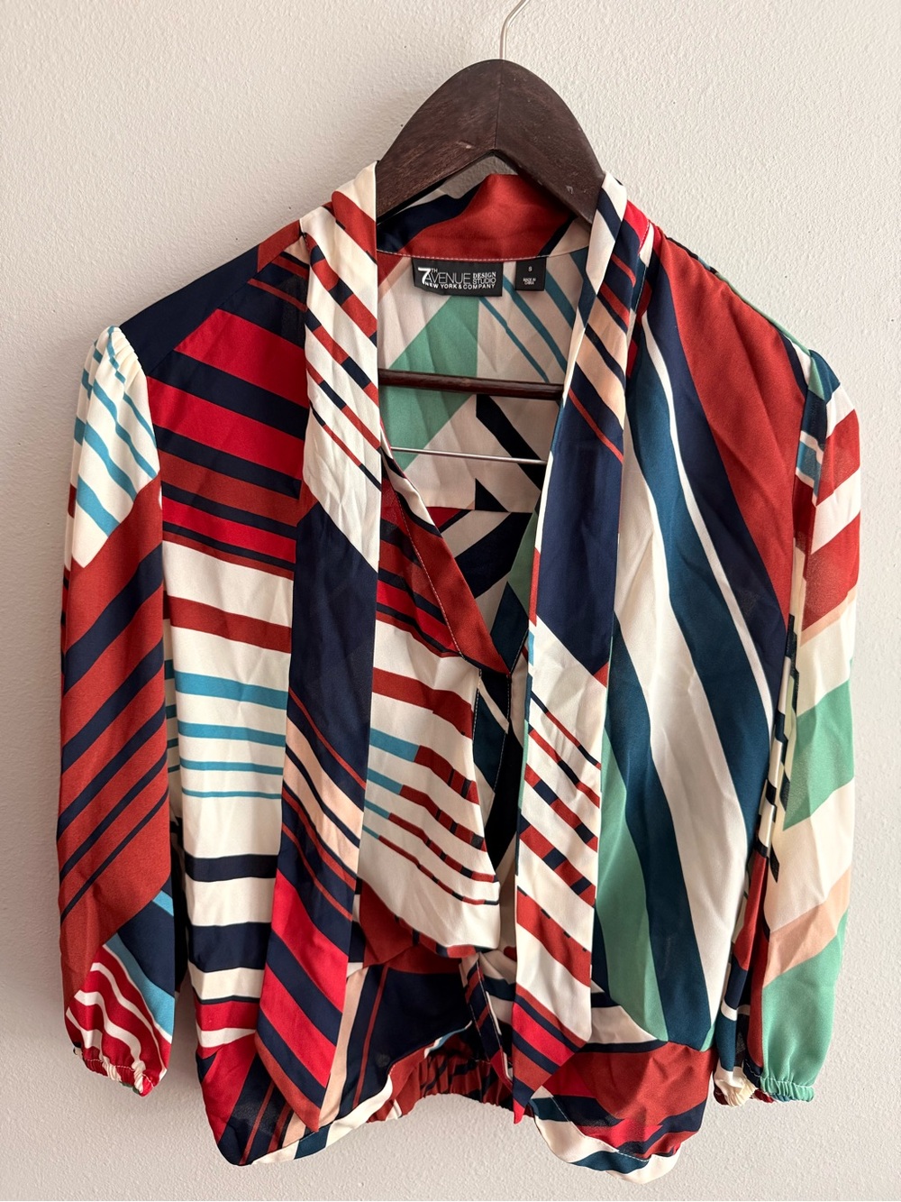 New York & Company Multicolor Striped Open Front Blouse - Navy, Red, Teal, Cream